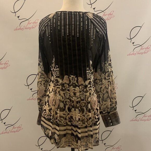 V Cristina. Sz Small. Pleated Border Print Button Up Tunic. Semi Sheer. B43 - Picture 5 of 8